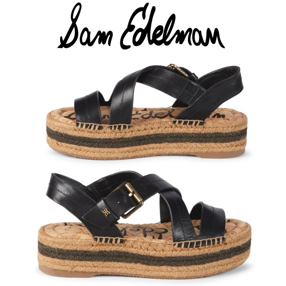 NIB SAM EDELMAN Aisling Black Leather Espadrille Platform Sandals Sz6